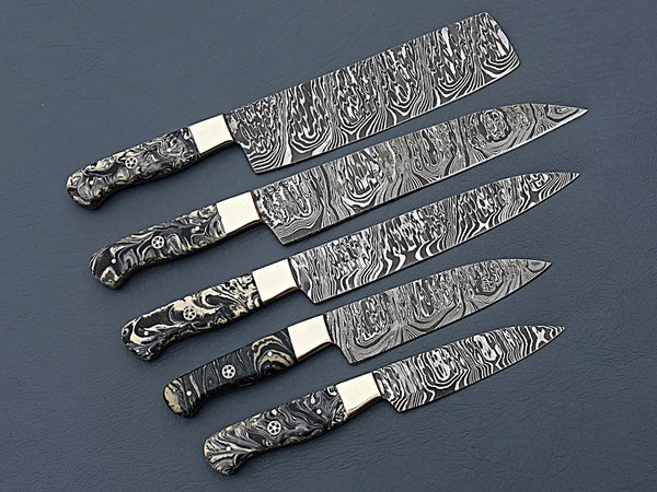 Damascus Steel Chef Knife Set of 5 – Black Pattern Handles