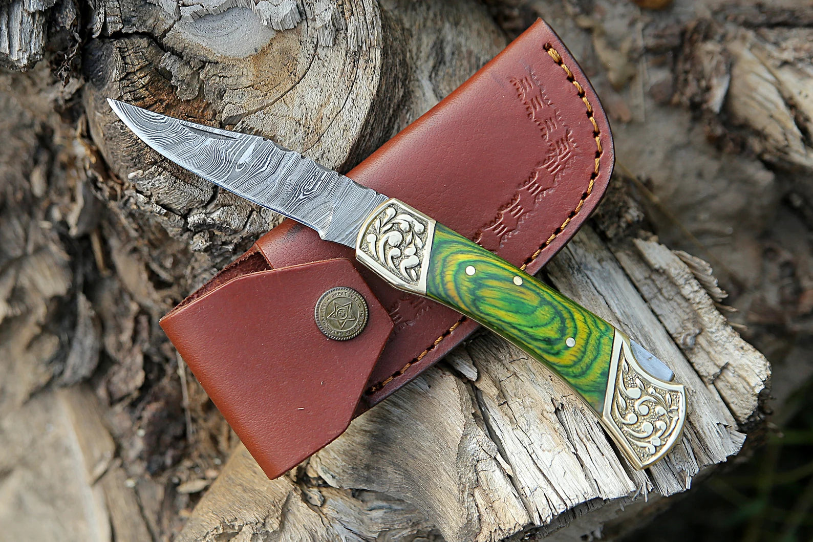 Damascus Steel Folding Pocket Knife – Green Handle