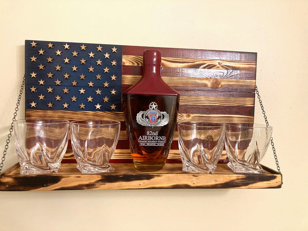 Whiskey Bottle Rack - Blue with Red Stripes and Burnt Wood