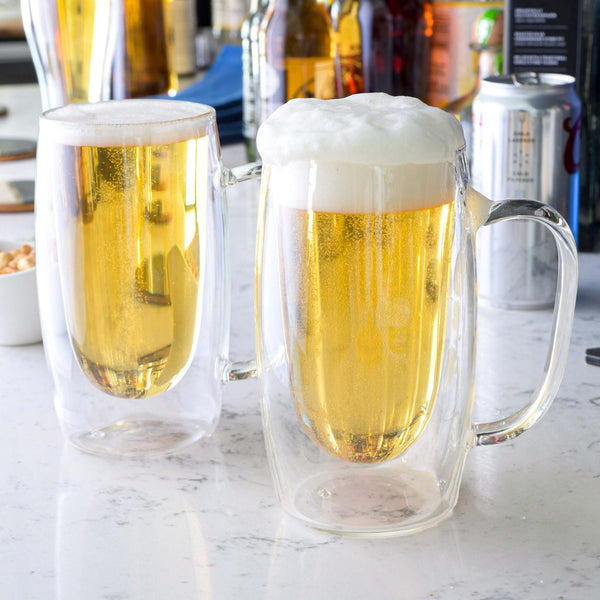 Double Walled Beer Drink Glass Mug with Handle - Set of 4